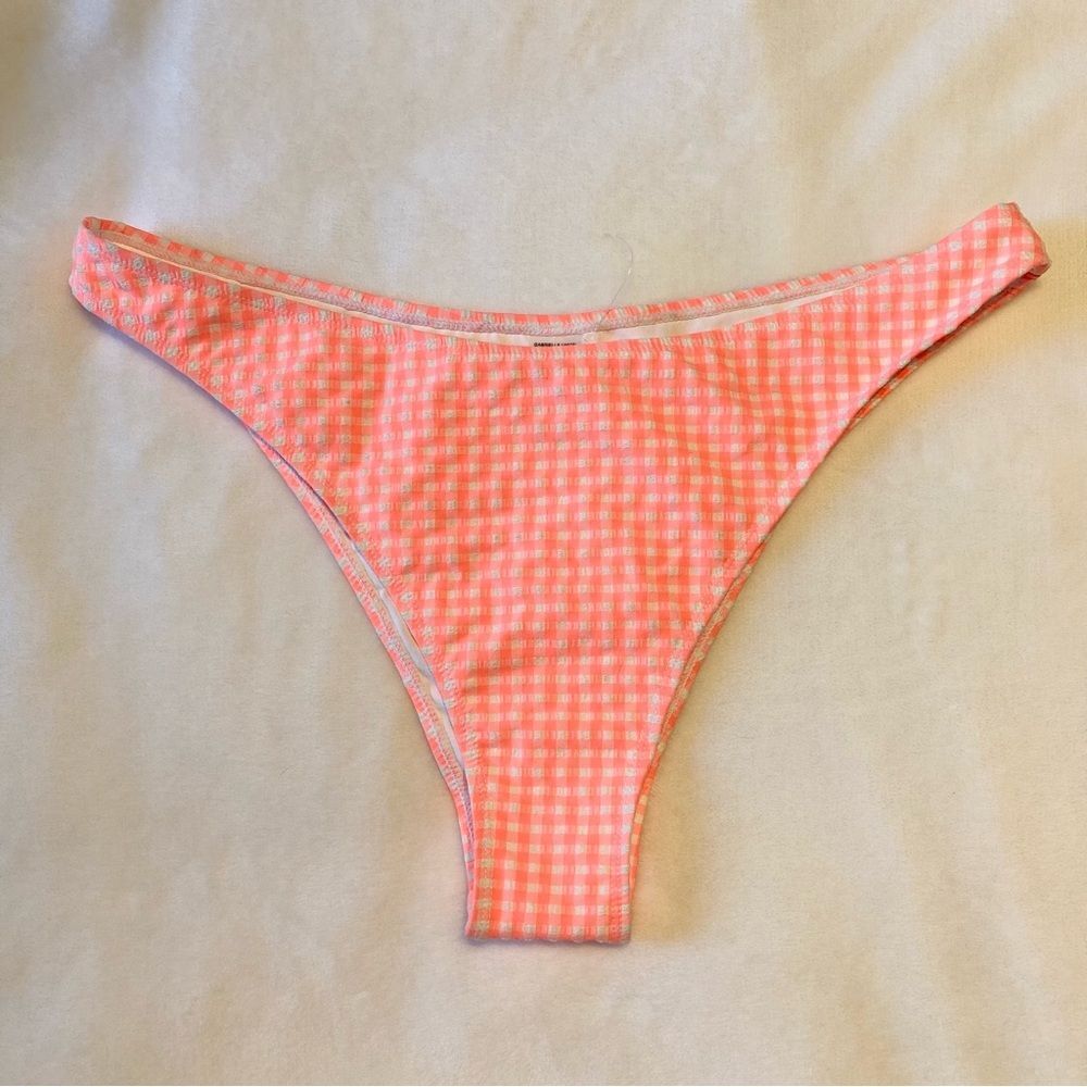 New Gabrielle Union Swimwear Bikini Bottoms XL Neon Coral White Gingham Hi Cut